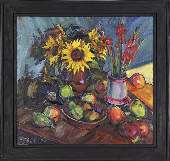 Peter August Böckstiegel - Blumenstilleben mit Sonnenblumen, Gladiolen und Pickelhelm - Rahmenbild