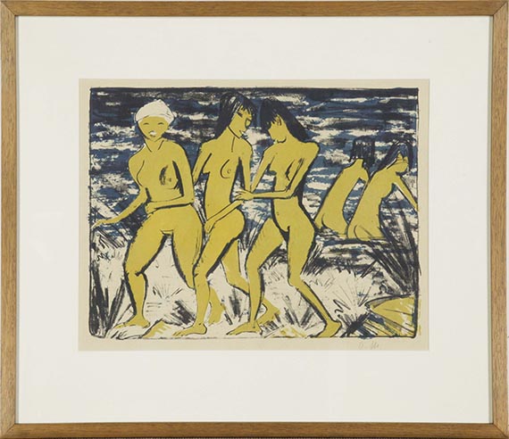 Otto Mueller - Fünf gelbe Akte am Wasser (Fünf Mädchen am Strand, Nordsee, Badende Mädchen) - Rahmenbild