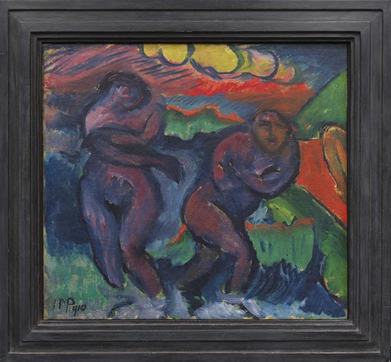 Hermann Max Pechstein - Zwei Badende Frauen / Stillleben mit Gloxinie, Früchten und Bildnis Lotte - Rahmenbild