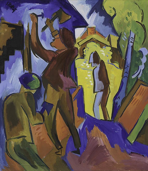 Abbildung zu: Karl Schmidt-Rottluff, Handwerker am Haus, 1922, Öl auf Leinwand, Brücke-Museum, Berlin. © VG Bild-Kunst, Bonn 2025