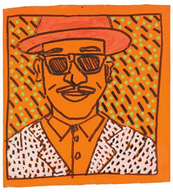 Abbildung zu: Keith Haring, Portrait of Fred Brathwaite (Fab 5 Freddy), 1981, Gouache, Filzstift und Sticker auf farbigem Papier, verkauft bei Sotheby’s, New York, 2012.