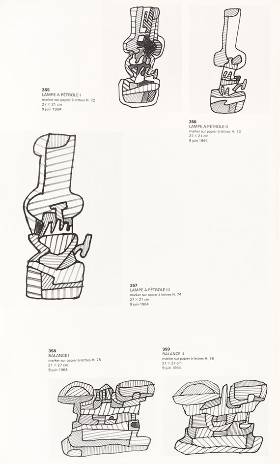 Abbildung zu: Jean Dubuffet, Zeichnungen von Petroleumlampe und Waage, 1964, aus: Max Loreau, Fascicule XX: L'Hourloupe I, Paris 1966, S. 163. © VG Bild-Kunst, Bonn 2025