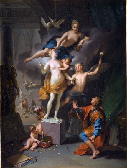Abbildung zu: Jean Raoux, Pygmalion amoureux de sa statue (Pygmalion verehrt seine Statue), 1717, Öl auf Leinwand.