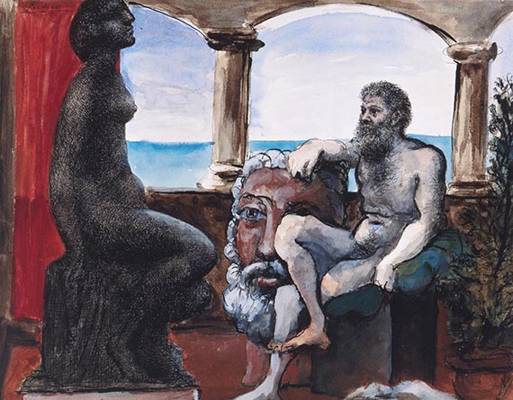 Abbildung zu: Pablo Picasso, Le Sculpteur et la Statue, Gouache, Aquarell und Tusche auf Papier, 1933, Sammlung Berggreun, Berlin. © Succession Picasso / VG Bild-Kunst, Bonn 2025