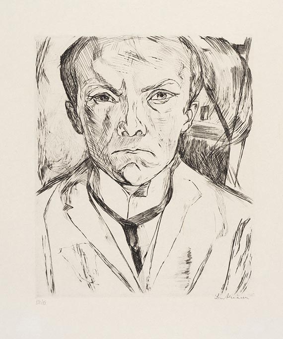 Beckmann - Selbstbildnis von vorn, im Hintergrund Hausgiebel