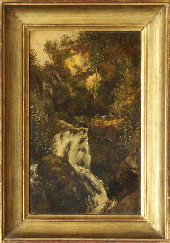 Carl Spitzweg - Felsenstudie mit Wasserfall (herabstürzender Wildbach, von Bäumen umgeben) - Rahmenbild