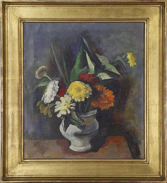 Karl Hofer - Blumenstrauß in grauer Vase (Zinnien) - Rahmenbild