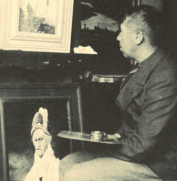Abbildung zu: Franz Radziwill an der Staffelei im Dangaster Atelier, beim Malen von "Frau mit weißem Umhang", um 1927
