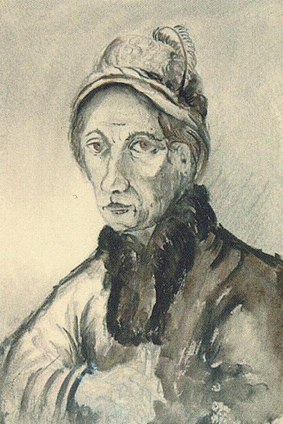 Abbildung zu: Franz Radziwills Tuschezeichnung vom selben Modell, betitelt "Alte Frau", um 1924
