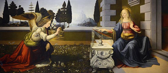 Abbildung zu: Leonardo da Vinci, Die Verkündigung, ca. 1472, Öl auf Holz, Galleria degli Uffizi, Florenz