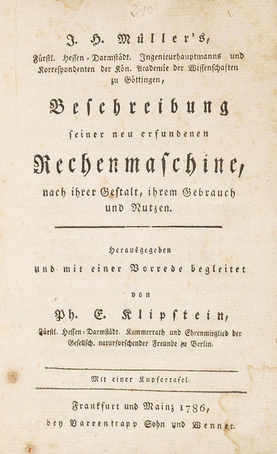Johann Helfrich von Müller - Beschreibung seiner neu erfundenen Rechenmaschine - Weitere Abbildung