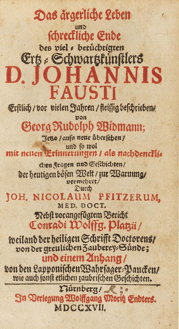 Georg Rudolf Widmann - Leben Fausti. Mit Besitzvermerk von W. M. v. Goethe