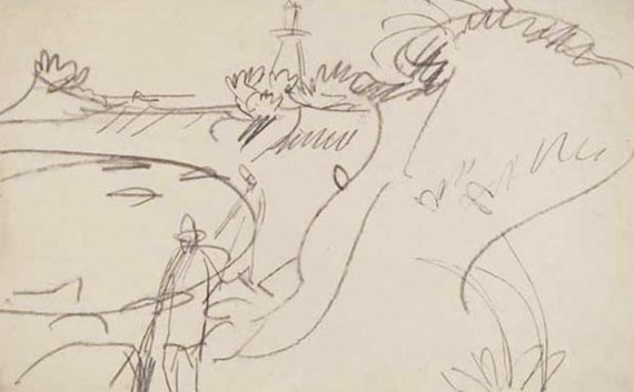 Abbildung zu: Ernst Ludwig Kirchner, Fehmarnküste mit Leuchtturm, um 1912, Bleistift auf Papier, Galerie Henze & Ketterer, Riehen/Basel.