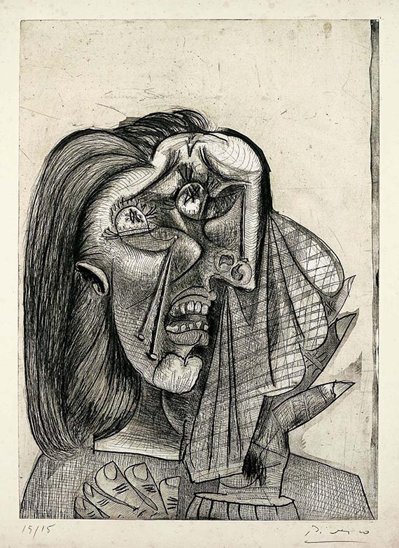 Abbildung zu: Pablo Picasso, La femme qui pleure (Die weinende Frau), 1937, Radierung, Fondation Beyeler, Riehen/Basel. © Succession Picasso / VG Bild-Kunst, Bonn 2025