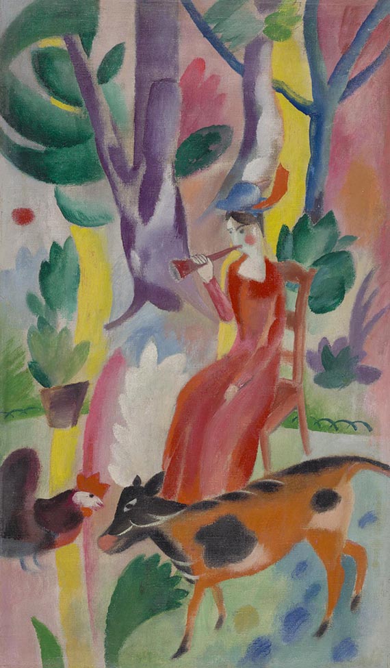 Abbildung zu: Heinrich Campendonk, Schalmeibläserin, 1914, Öl auf Leinwand auf Pappe, Städtische Galerie im Lenbachhaus, München.<br />© VG Bild-Kunst, Bonn 2025