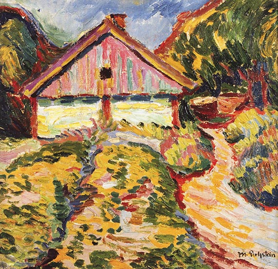Abbildung zu: Max Pechstein, Haus auf der Kurischen Nehrung, 1909, Öl auf Leinwand, Museo Thyssen-Bornemisza, Madrid. © Pechstein 2025 Hamburg/ Berlin / VG Bild-Kunst, Bonn 2025