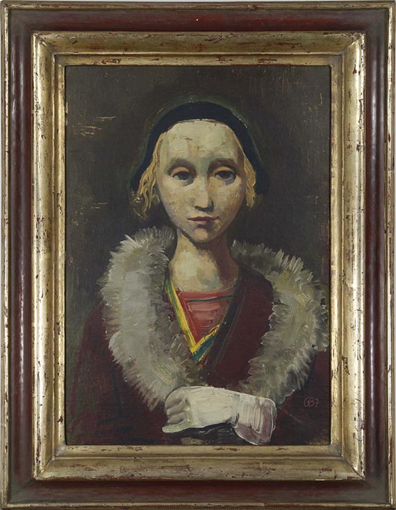 Karl Hofer - Brustbild eines Mädchens mit Pelzkragen und Hut - Rahmenbild