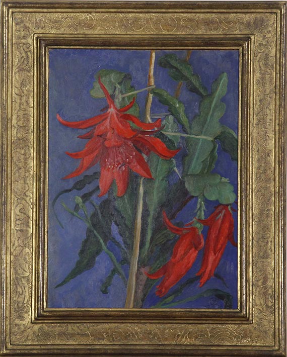 Gabriele Münter - Rote Kakteenblüte auf blauem Grund - Rahmenbild