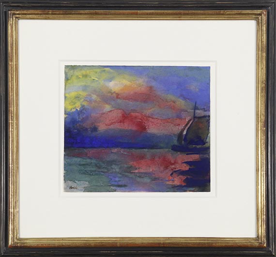 Emil Nolde - Meer mit roten Wolken und Segelschiff - Rahmenbild