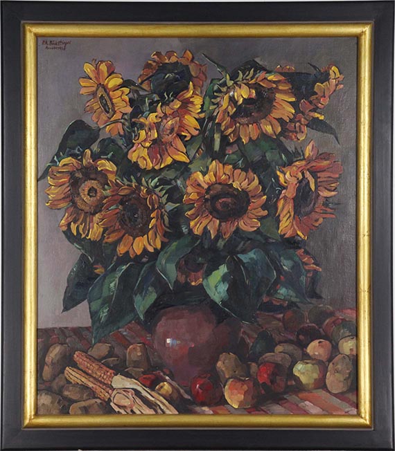 Peter August Böckstiegel - Sonnenblumen mit Äpfeln und Maiskolben - Rahmenbild