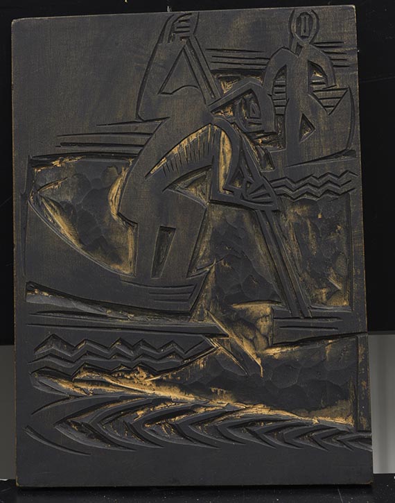 Karl Schmidt-Rottluff - Doppelseitiger Holzstock: Kopf / Fischer beim Aalstechen II - Rückseite