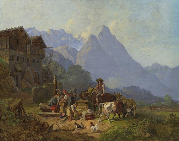 Heinrich Bürkel - Gebirgsdorf mit Brunnen. Im Hintergrund das Wettersteingebirge