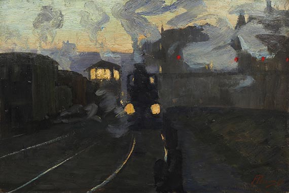 Hermann Pleuer - Einfahrender Zug mit leuchtenden Laternen