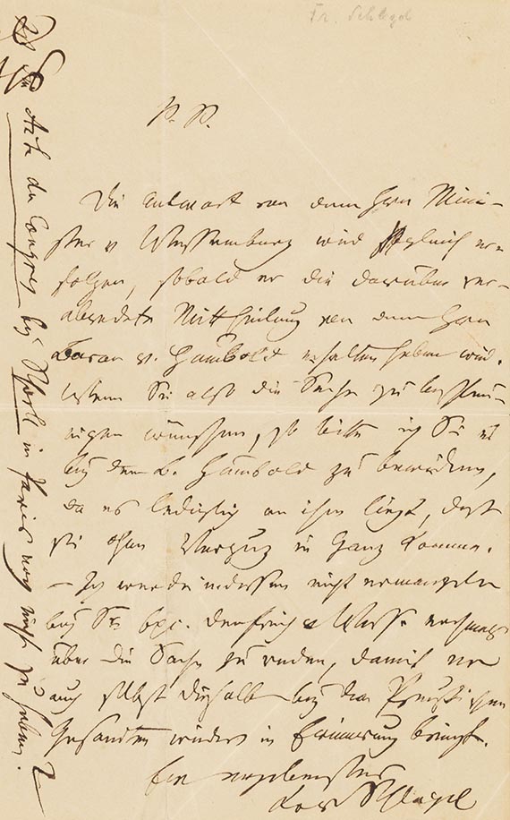 Friedrich August Schlegel - Eigh Brief m. U. an unbekannten Empfänger