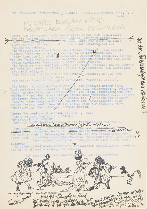 Friedr. von Herzmanovsky-Orlando - Typoskript mit eigh. Zeilen u. Zeichnung / Entwürfe für Exlibris