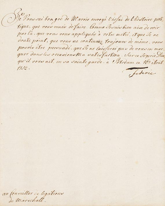  Friedrich II. der Gro&szlig;e - Von Schreiberhand mit eigh. Unterschrift. An Berater der Marshall Gedandtschaft