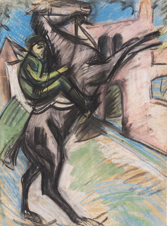 Ernst Ludwig Kirchner - Reiter auf scheuendem Pferd vor roten H&auml;usern