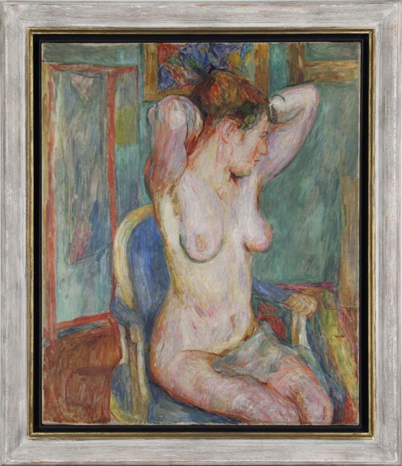 Hans Purrmann - Weiblicher Akt auf blauem Sessel - Rahmenbild