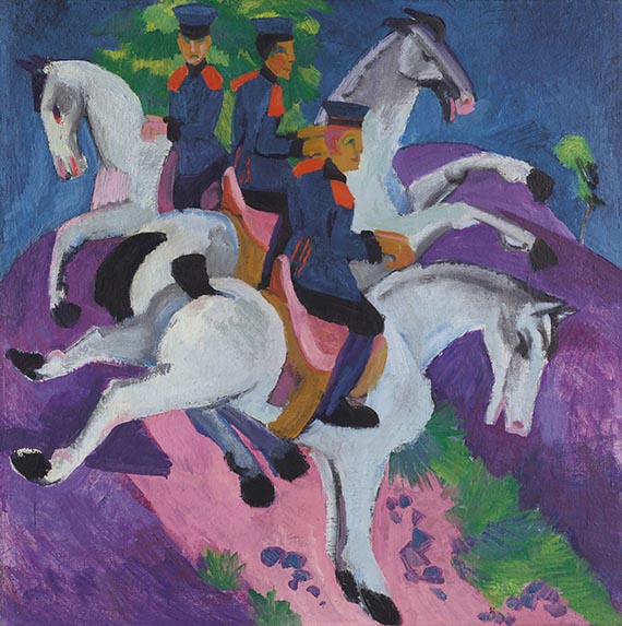 Abbildung zu: E. L. Kirchner, Reitende Artilleristen, 1915, Öl auf Leinwand, Privatsammlung.