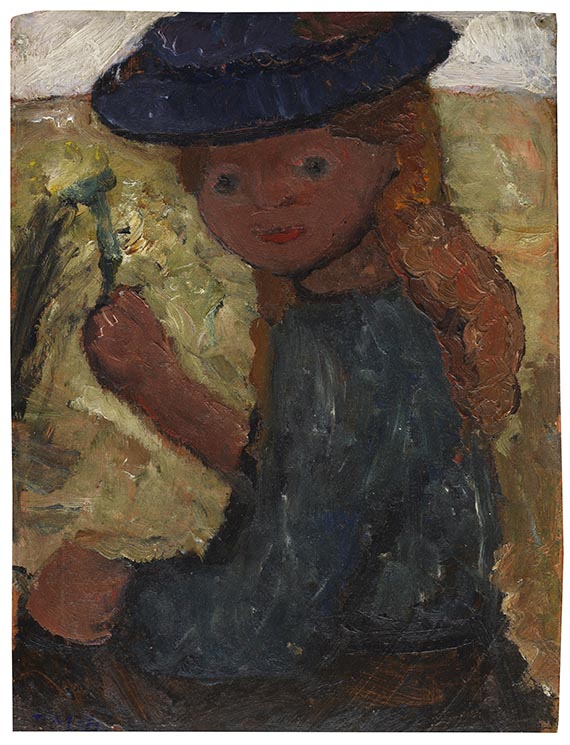 Paula Modersohn-Becker - Sitzendes M&auml;dchen mit blauem Hut und Blume in der rechten Hand