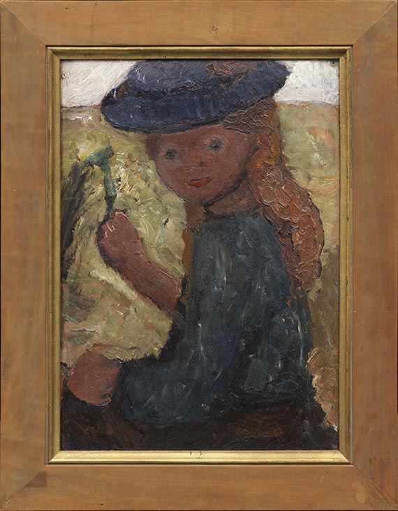 Paula Modersohn-Becker - Sitzendes Mädchen mit blauem Hut und Blume in der rechten Hand - Rahmenbild