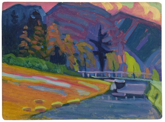Abbildung zu: Wassily Kandinsky, Bei Oberau (Near Oberau), 1908/09, &Ouml;l auf Malpappe (Oil on cardboard), siehe Los 44 (see lot 44.