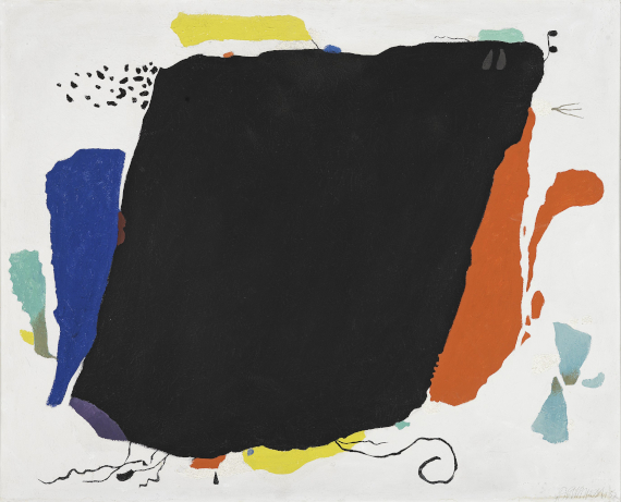 Abbildung zu: Willi Baumeister, Schwarzes Phantom, 1952, Öl und Mischtechnik auf Hartfaser, Museo Nacional Thyssen-Bornemisza, Madrid.