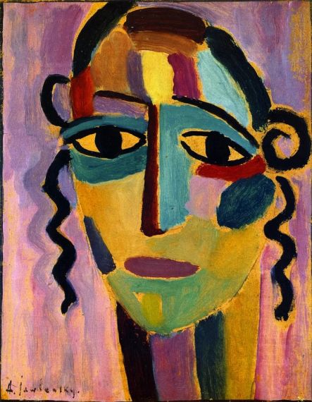 Abbildung zu: Alexej von Jawlensky, Mystischer Kopf, 1917, &Ouml;l auf Karton, Hessisches Landesmuseum Darmstadt.