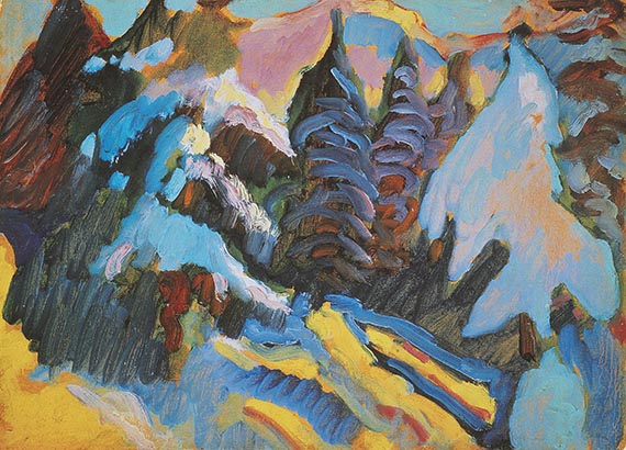 Abbildung zu: Wassily Kandinsky, Kochel &ndash; Verschneite B&auml;ume, 1909, &Ouml;l auf Malpappe, Lenbachhaus M&uuml;nchen.