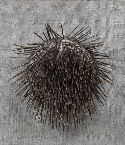Abbildung zu: G&uuml;nther Uecker, Taktile Struktur Rotierend, 1961, Mischtechnik. N&auml;gel, Aluminium und metallische Farbe &uuml;ber Rupfen auf Holz, drehbar, The Solomon R. Guggenheim Foundation Peggy Guggenheim Collection, Venedig. &copy; VG Bild-Kunst, Bonn 2026