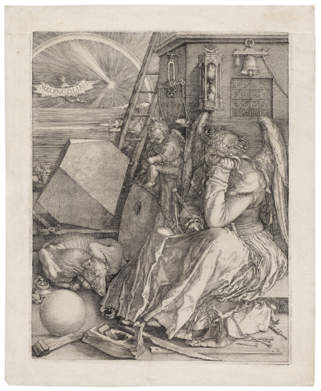 Abbildung zu: Albrecht D&uuml;rer, Melencolia I (Die Melancholie), 1514, Kupferstich, verkauft bei Ketterer Kunst,  Evening Sale, 8.12.2023, Ergebnis: 279.000 Euro.