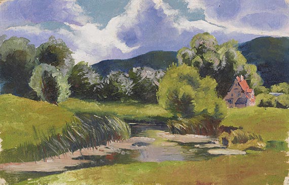 Abbildung zu: Karl Schmidt-Rottluff, Haus am Plei&szlig;ebach in Rottluff, um 1902, &Ouml;l auf Leinwand, Privatsammlung Deutschland. &copy; VG Bild-Kunst, Bonn 2026