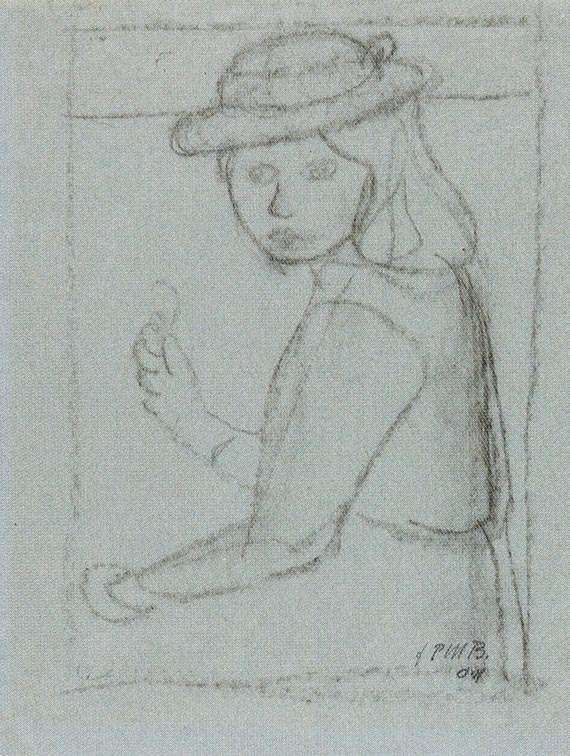 Abbildung zu: Paula Modersohn-Becker, Kompositionsstudie, M&auml;dchen mit Hut, eine Blume in der erhobenen rechten Hand haltend, um 1903, Kohle auf blauem Papier, Nieders&auml;chsisches Landesmuseum, Hannover.