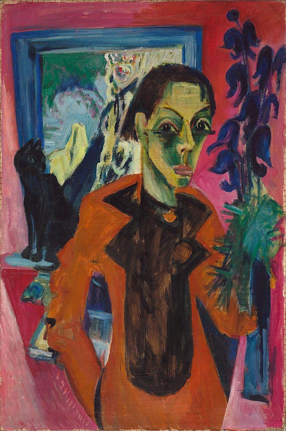 Abbildung zu: E. L. Kirchner, Selbstporträt mit Katze, 1920, Öl auf Leinwand, Busch-Reisinger Museum, Harvard Art Museums.