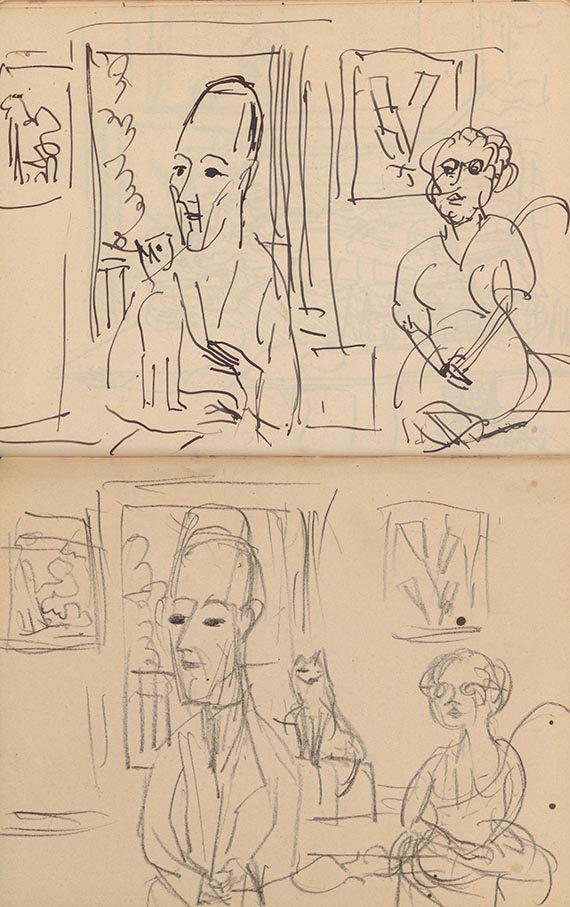 Abbildung zu: E. L. Kirchner, Seite aus dem Skizzenbuch 174/47, um 1935, Tusche und Bleistift, Kirchner Museum Davos.