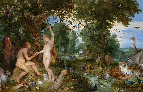 Abbildung zu: Jan Brueghel d. Ä./Peter Paul Rubens, Het aardse paradiis met de zondeval van Adam en Eva (Garten Eden mit dem Sündenfall), um 1615, Öl auf Holz, Mauritshuis, Den Haag.