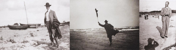 Abbildung zu: Der Maler Lyonel Feininger an den Stränden der Ostsee, von l. nach r.: 1905 auf Rügen (Foto: Julia Feininger), 1927 an einem Ostseestrand (Foto: unbekannt), 1932 in Deep (Foto: T. Lux Feininger). © Moeller Fine Art Projects | The Lyonel Feininger Project, New York – Berlin / Estate of T. Lux Feininger