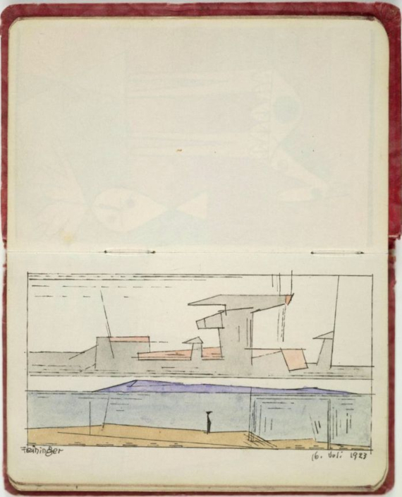 Abbildung zu: Lyonel Feininger, Zeichnung im „Livre d’or“ (Gästebuch) von Nina Kandinsky, 1923, Tusche und Aquarell auf Papier, Centre Pompidou, Paris. © VG Bild-Kunst, Bonn 2026