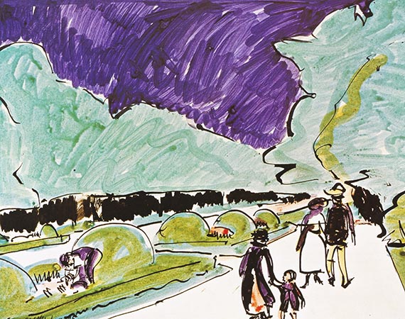Abbildung zu: E. L. Kirchner, Im Gro&szlig;en Garten, Dresden, um 1910, Aquarell und Tuschfederzeichnung, Hamburger Kunsthalle.