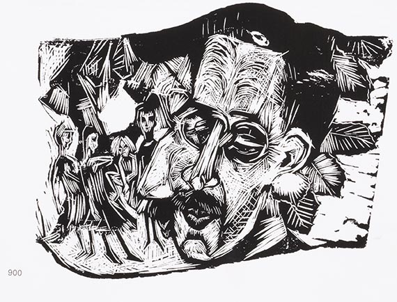 Abbildung zu: E. L. Kirchner, Kopf Dr. Ludwig Binswanger mit Kindern, 1918, Holzschnitt, St&auml;del Museum, Frankfurt am Main.